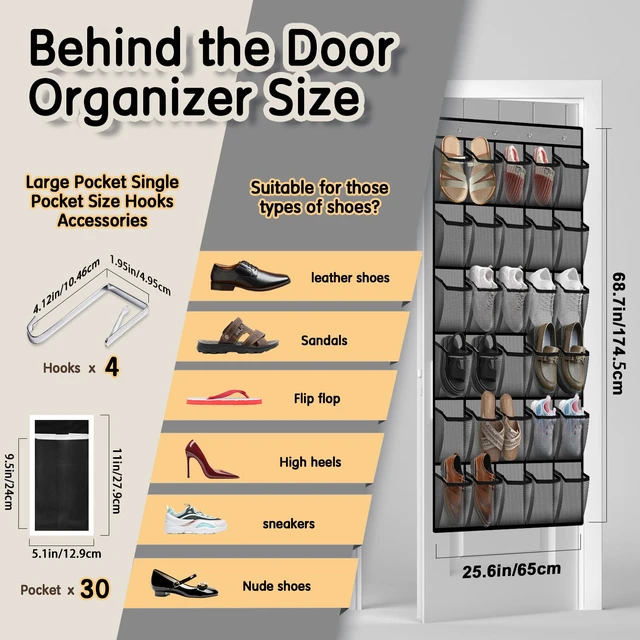 Alt view image 3 of 7 - Over the Door Shoe Organizer with 30 Breathable Mesh Pockets - Large Capacity Closet Storage for Men & Women, Hanging Shoe Rack Organizer (Gray)