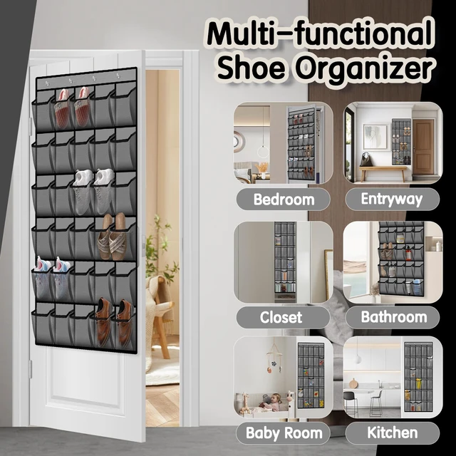 Alt view image 5 of 7 - Over the Door Shoe Organizer with 30 Breathable Mesh Pockets - Large Capacity Closet Storage for Men & Women, Hanging Shoe Rack Organizer (Gray)