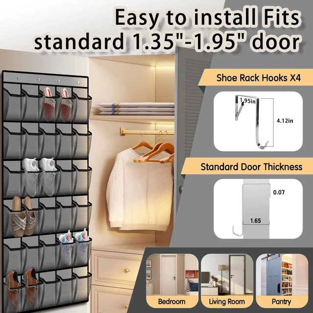 Alt view image 6 of 7 - Over the Door Shoe Organizer with 30 Breathable Mesh Pockets - Large Capacity Closet Storage for Men & Women, Hanging Shoe Rack Organizer (Gray)