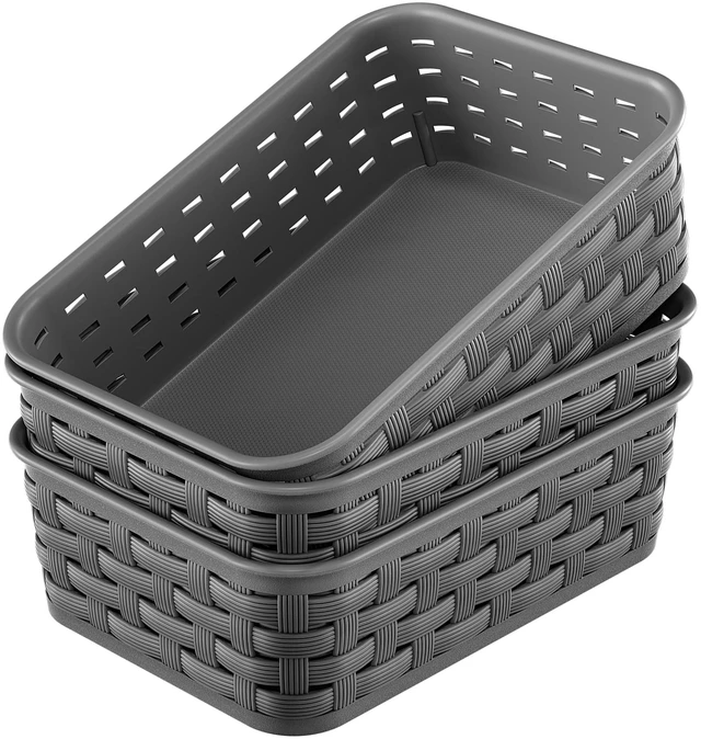 Main image of 3 Pack Small Plastic Basket, Storage Bin Baskets for Organizing, Pantry Organizer Household Wicker Storage for Laundry Room, Bedrooms, Kitchens, Cabinets, Countertops, Dark Gray