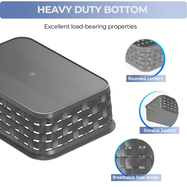 Alt view image 2 of 7 - 3 Pack Small Plastic Basket, Storage Bin Baskets for Organizing, Pantry Organizer Household Wicker Storage for Laundry Room, Bedrooms, Kitchens, Cabinets, Countertops, Dark Gray