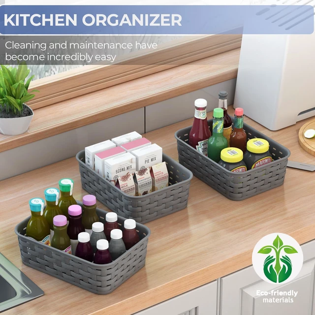 Alt view image 4 of 7 - 3 Pack Small Plastic Basket, Storage Bin Baskets for Organizing, Pantry Organizer Household Wicker Storage for Laundry Room, Bedrooms, Kitchens, Cabinets, Countertops, Dark Gray