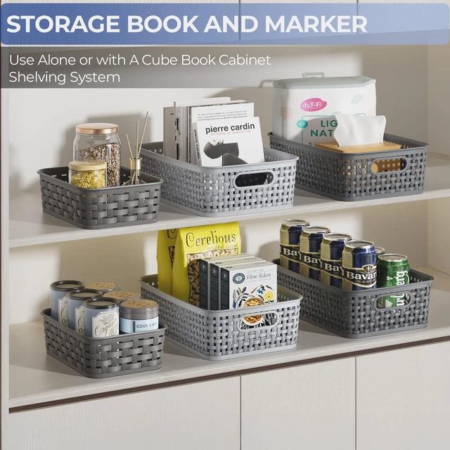 Alt view image 5 of 7 - 3 Pack Small Plastic Basket, Storage Bin Baskets for Organizing, Pantry Organizer Household Wicker Storage for Laundry Room, Bedrooms, Kitchens, Cabinets, Countertops, Dark Gray
