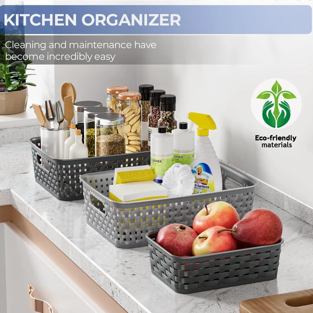 Alt view image 6 of 7 - 3 Pack Small Plastic Basket, Storage Bin Baskets for Organizing, Pantry Organizer Household Wicker Storage for Laundry Room, Bedrooms, Kitchens, Cabinets, Countertops, Dark Gray