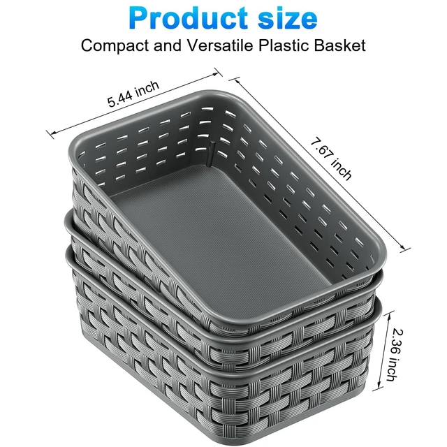 Alt view image 3 of 7 - 3 Pack Small Plastic Basket, Storage Bin Baskets for Organizing, Pantry Organizer Household Wicker Storage for Laundry Room, Bedrooms, Kitchens, Cabinets, Countertops, Dark Gray