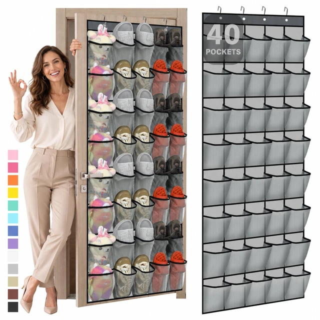 Main image of 1 Pcs 40 Pocket Over the Door Shoe Organizer, Gray | Large Breathable Mesh Hanging Shoe Rack, Space Saving Shoe Holder for Closet Dorm Bedroom Entryway Storage, Behind Design