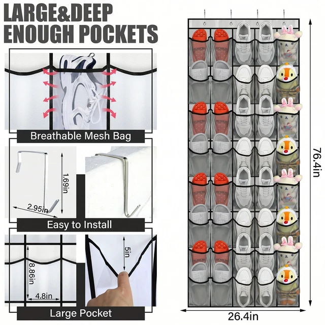 Alt view image 2 of 7 - 1 Pcs 40 Pocket Over the Door Shoe Organizer, Gray | Large Breathable Mesh Hanging Shoe Rack, Space Saving Shoe Holder for Closet Dorm Bedroom Entryway Storage, Behind Design