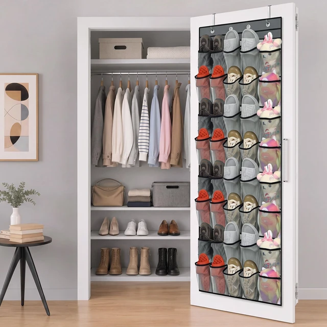 Alt view image 4 of 7 - 1 Pcs 40 Pocket Over the Door Shoe Organizer, Gray | Large Breathable Mesh Hanging Shoe Rack, Space Saving Shoe Holder for Closet Dorm Bedroom Entryway Storage, Behind Design