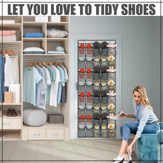 Alt view image 5 of 7 - 1 Pcs 40 Pocket Over the Door Shoe Organizer, Gray | Large Breathable Mesh Hanging Shoe Rack, Space Saving Shoe Holder for Closet Dorm Bedroom Entryway Storage, Behind Design
