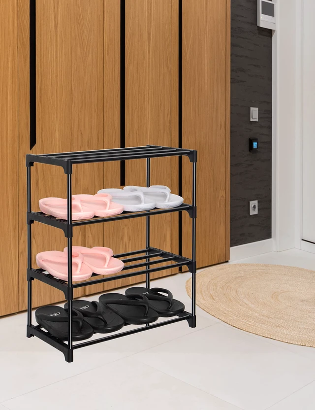 Alt view image 2 of 7 - Upgrade 4-Tier Small Shoe Rack, Metal Stackable Kids Shoe Shelf Storage Shoe Stand Organizer for Closet Entryway Hallway,Zapateras Organizer for Shoes(Black)