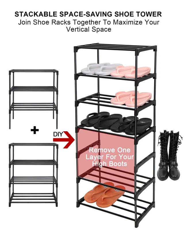 Alt view image 5 of 7 - Upgrade 4-Tier Small Shoe Rack, Metal Stackable Kids Shoe Shelf Storage Shoe Stand Organizer for Closet Entryway Hallway,Zapateras Organizer for Shoes(Black)