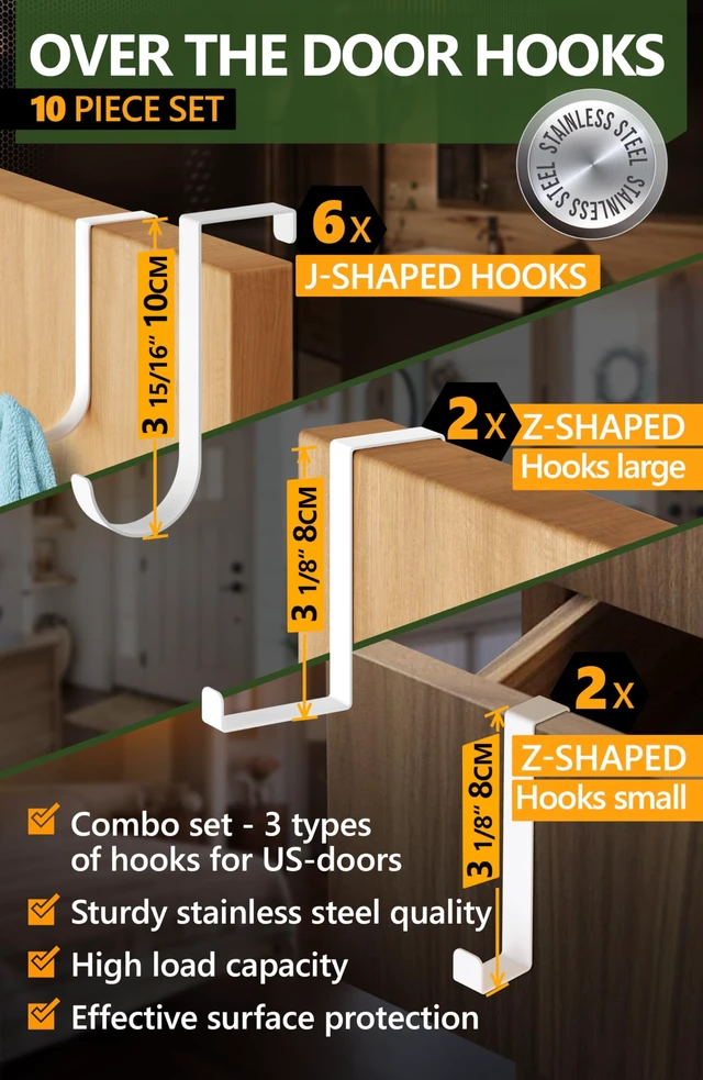 Alt view image 2 of 6 - Over the Door Hooks 6+2+2 Cruise Must Haves Set, White - Coat Hanger 6 pcs fits 1 3/8" + Towel Holder 2 pcs fits up to 1 3/4" + Cabinet Hooks 2 pcs with Anti-Scratch & Non-Slip Pads