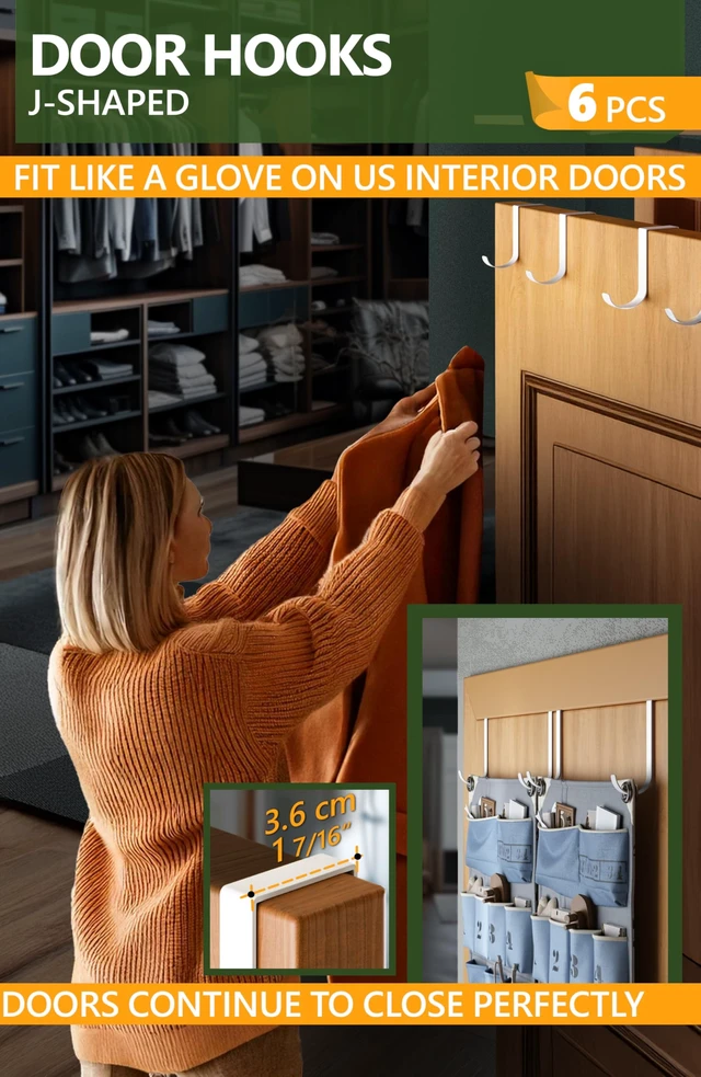 Alt view image 3 of 6 - Over the Door Hooks 6+2+2 Cruise Must Haves Set, White - Coat Hanger 6 pcs fits 1 3/8" + Towel Holder 2 pcs fits up to 1 3/4" + Cabinet Hooks 2 pcs with Anti-Scratch & Non-Slip Pads