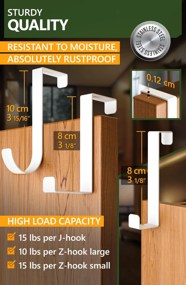 Alt view image 5 of 6 - Over the Door Hooks 6+2+2 Cruise Must Haves Set, White - Coat Hanger 6 pcs fits 1 3/8" + Towel Holder 2 pcs fits up to 1 3/4" + Cabinet Hooks 2 pcs with Anti-Scratch & Non-Slip Pads