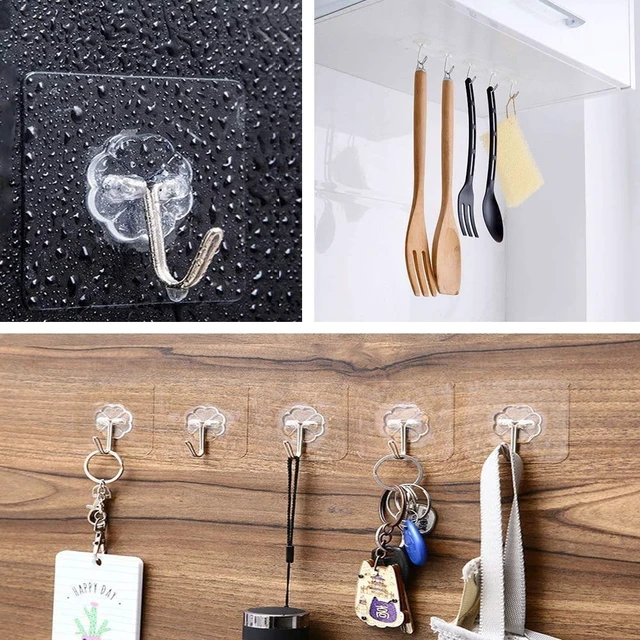 Alt view image 2 of 7 - Transparent Adhesive Hooks 30 lb(Max), Waterproof & Oilproof Reusable Seamless Hooks, Heavy Duty Wall Hook for Kitchen Bathroom Office (20), (20hook), 2.36