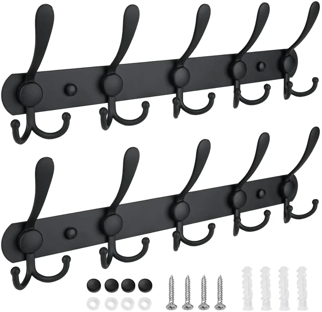 Main image of Wall Mounted Coat Rack, Five Heavy Duty Tri Hooks All Metal Construction for Jacket Coat Hat in Mudroom Entryway (Matte Black, 2-Pack)