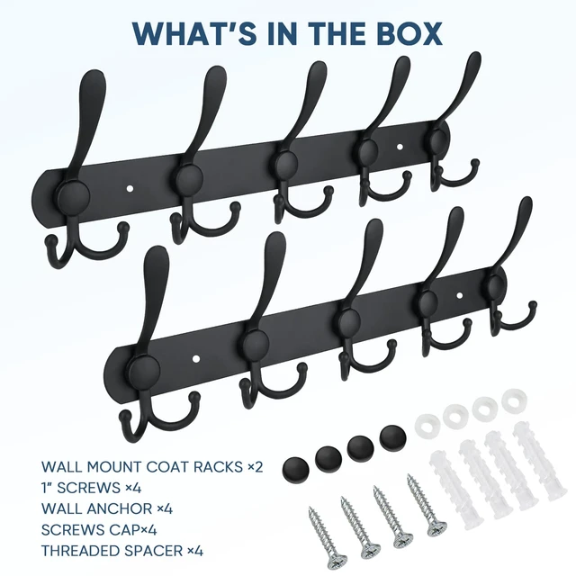 Alt view image 5 of 7 - Wall Mounted Coat Rack, Five Heavy Duty Tri Hooks All Metal Construction for Jacket Coat Hat in Mudroom Entryway (Matte Black, 2-Pack)