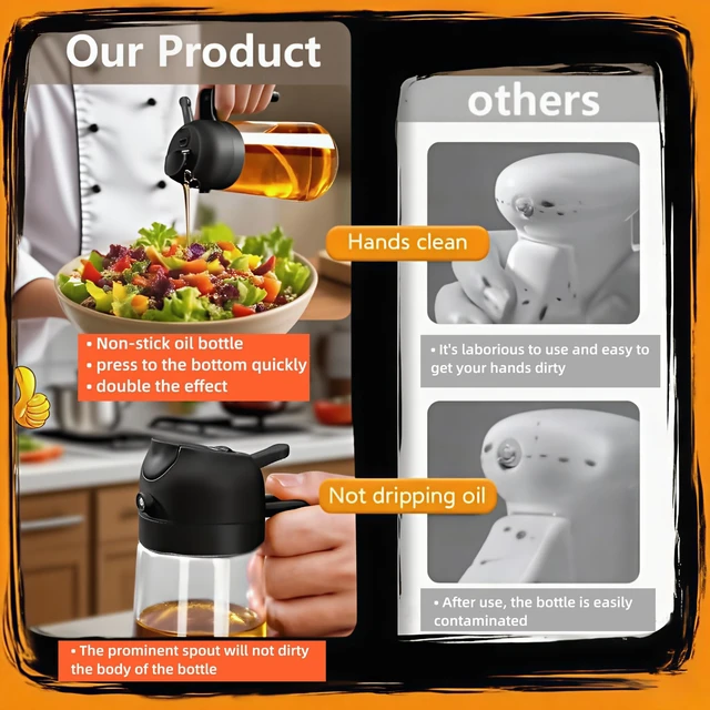 Alt view image 5 of 7 - 2 in 1 Oil Sprayer for Cooking, 16oz/470ml | Oil Dispenser for Kitchen Gadgets, Premium Food-Grade Oil Bottle, for Salad, Air Fryer, BBQ