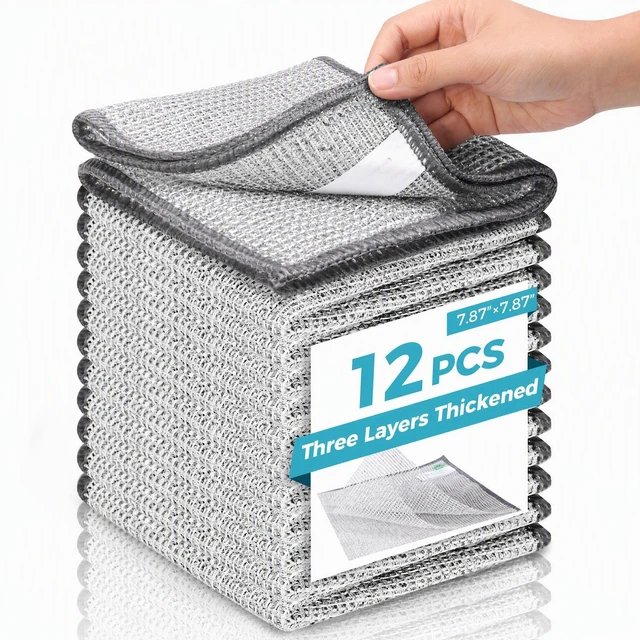 Main image of 12pcs Upgrade 3-Layer Non-Scratch Steel Wool Dish Rags for Washing Dishes | Wet & Dry Clening, Effortlessly Strips Stuck-on Grime, Great for Cookware, Sinks, Dishes and Stove tops 7.87 x 7.87