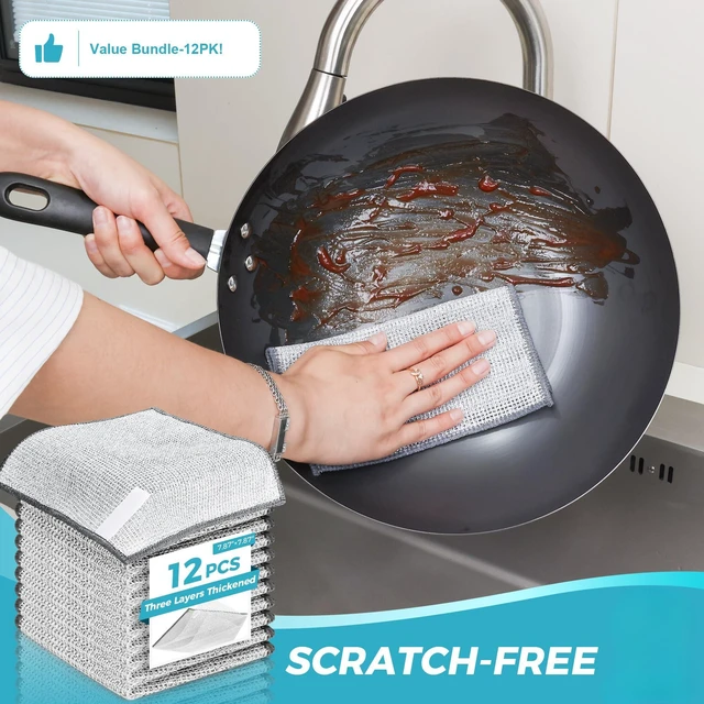Alt view image 7 of 7 - 12pcs Upgrade 3-Layer Non-Scratch Steel Wool Dish Rags for Washing Dishes | Wet & Dry Clening, Effortlessly Strips Stuck-on Grime, Great for Cookware, Sinks, Dishes and Stove tops 7.87 x 7.87