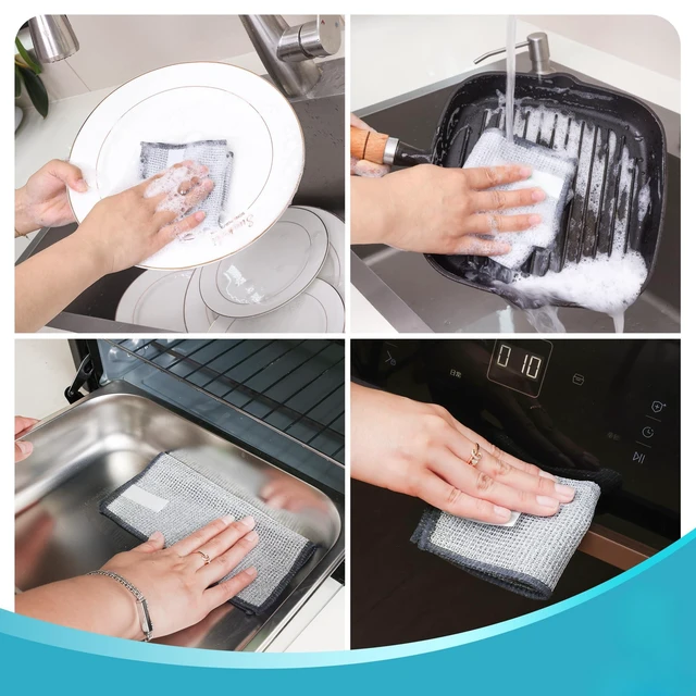 Alt view image 6 of 7 - 12pcs Upgrade 3-Layer Non-Scratch Steel Wool Dish Rags for Washing Dishes | Wet & Dry Clening, Effortlessly Strips Stuck-on Grime, Great for Cookware, Sinks, Dishes and Stove tops 7.87 x 7.87