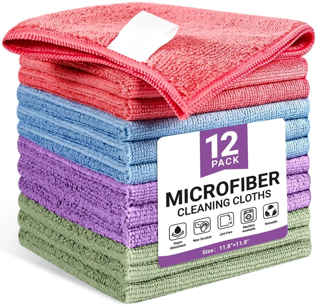 Main image of Microfiber Cleaning Cloth, 12 Pack Assorted Color Cleaning Rags for Housekeeping, Colorful Reusable Microfiber Towels for Car, Kitchen, Bathroom and Household Cleaning Supplies, 11.8"X11.8"