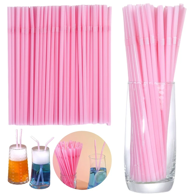 Alt view image 3 of 7 - 200pcs 8.26" x 0.2"Solid Colors Flexible Drinking Pink Straws, Plastic Disposable Bendy Straws (Pink)