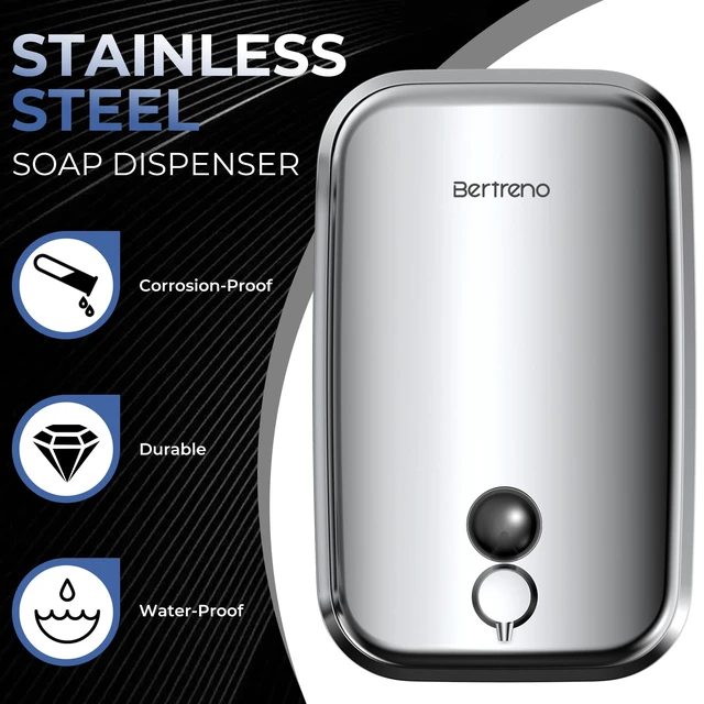 Alt view image 2 of 7 - Bertreno Commercial Soap Dispenser Wall Mount Stainless Steel Soap Dispensers Liquid Manual Anti-Leak Pump Hand Soap Dispenser for Bathroom Kitchen Silver (17 fl.oz./500ml)