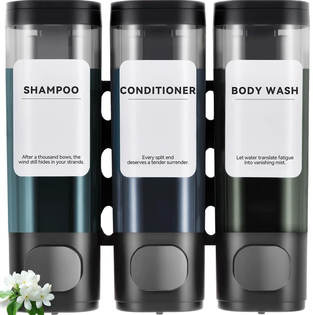 Main image of Shampoo Conditioner Shower Soap Dispenser 3 Chamber Wall Mount Black | Refillable. Leakproof 900ml. No-Drill Wall Mount. Soap, Shampoo, Conditioner, Body Wash, Shower Gel, Bathroom Set. BPA-Free.