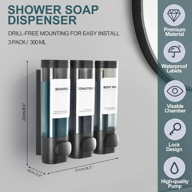 Alt view image 2 of 7 - Shampoo Conditioner Shower Soap Dispenser 3 Chamber Wall Mount Black | Refillable. Leakproof 900ml. No-Drill Wall Mount. Soap, Shampoo, Conditioner, Body Wash, Shower Gel, Bathroom Set. BPA-Free.