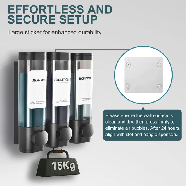 Alt view image 3 of 7 - Shampoo Conditioner Shower Soap Dispenser 3 Chamber Wall Mount Black | Refillable. Leakproof 900ml. No-Drill Wall Mount. Soap, Shampoo, Conditioner, Body Wash, Shower Gel, Bathroom Set. BPA-Free.