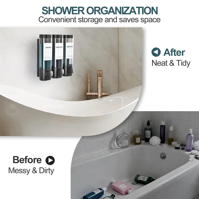 Alt view image 7 of 7 - Shampoo Conditioner Shower Soap Dispenser 3 Chamber Wall Mount Black | Refillable. Leakproof 900ml. No-Drill Wall Mount. Soap, Shampoo, Conditioner, Body Wash, Shower Gel, Bathroom Set. BPA-Free.