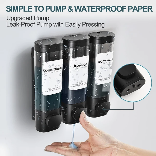 Alt view image 6 of 7 - Shampoo Conditioner Shower Soap Dispenser 3 Chamber Wall Mount Black | Refillable. Leakproof 900ml. No-Drill Wall Mount. Soap, Shampoo, Conditioner, Body Wash, Shower Gel, Bathroom Set. BPA-Free.