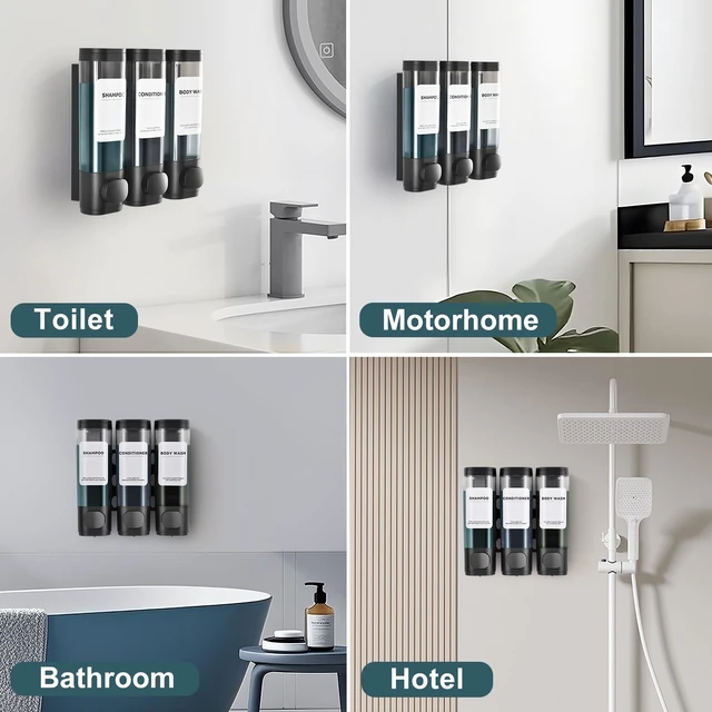 Alt view image 4 of 7 - Shampoo Conditioner Shower Soap Dispenser 3 Chamber Wall Mount Black | Refillable. Leakproof 900ml. No-Drill Wall Mount. Soap, Shampoo, Conditioner, Body Wash, Shower Gel, Bathroom Set. BPA-Free.