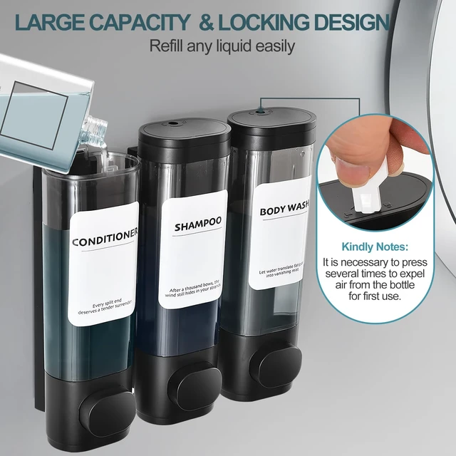 Alt view image 5 of 7 - Shampoo Conditioner Shower Soap Dispenser 3 Chamber Wall Mount Black | Refillable. Leakproof 900ml. No-Drill Wall Mount. Soap, Shampoo, Conditioner, Body Wash, Shower Gel, Bathroom Set. BPA-Free.