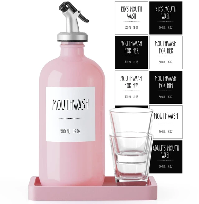 Main image of CMLKLZD Glass Mouthwash Dispenser for Bathroom, 16 OZ Mouth Wash Bottle Container with Pour Spout & Reusable Mouthwash Cups & Wood Tray & Labels, Pink Bathroom Kitchen Decor and Accessories