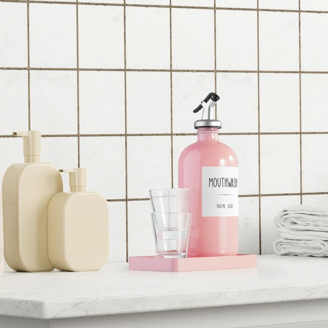 Alt view image 7 of 7 - CMLKLZD Glass Mouthwash Dispenser for Bathroom, 16 OZ Mouth Wash Bottle Container with Pour Spout & Reusable Mouthwash Cups & Wood Tray & Labels, Pink Bathroom Kitchen Decor and Accessories
