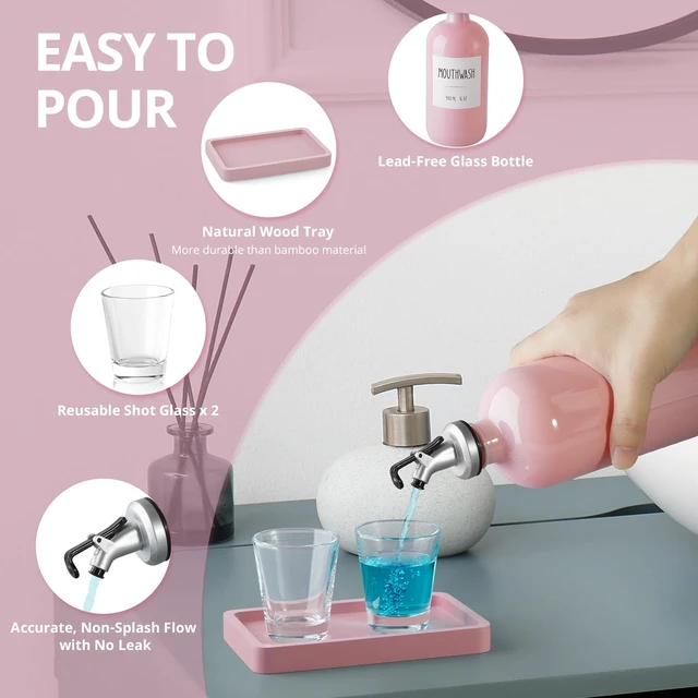 Alt view image 4 of 7 - CMLKLZD Glass Mouthwash Dispenser for Bathroom, 16 OZ Mouth Wash Bottle Container with Pour Spout & Reusable Mouthwash Cups & Wood Tray & Labels, Pink Bathroom Kitchen Decor and Accessories