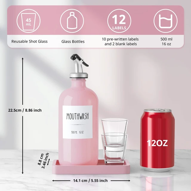 Alt view image 2 of 7 - CMLKLZD Glass Mouthwash Dispenser for Bathroom, 16 OZ Mouth Wash Bottle Container with Pour Spout & Reusable Mouthwash Cups & Wood Tray & Labels, Pink Bathroom Kitchen Decor and Accessories