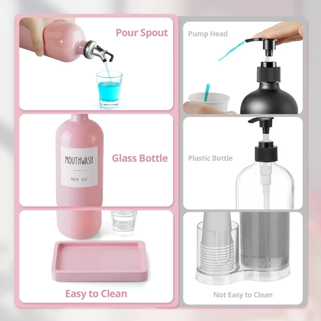 Alt view image 3 of 7 - CMLKLZD Glass Mouthwash Dispenser for Bathroom, 16 OZ Mouth Wash Bottle Container with Pour Spout & Reusable Mouthwash Cups & Wood Tray & Labels, Pink Bathroom Kitchen Decor and Accessories
