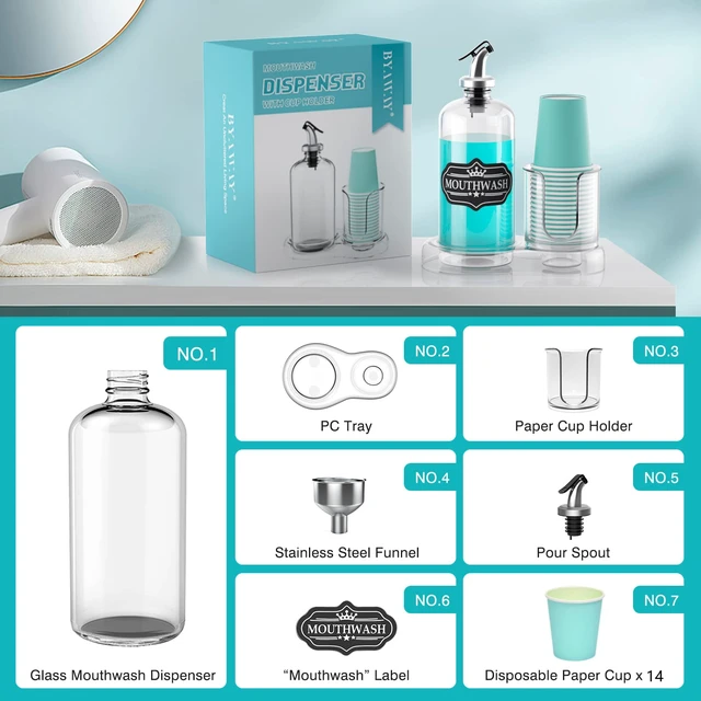 Alt view image 3 of 6 - Mouthwash Dispenser for Bathroom with Cup Holder Detachable Glass Mouthwash Container 16 Oz,Refillable Mouth Washer Dispenser for Countertop