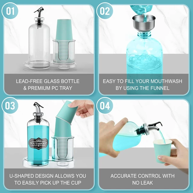 Alt view image 4 of 6 - Mouthwash Dispenser for Bathroom with Cup Holder Detachable Glass Mouthwash Container 16 Oz,Refillable Mouth Washer Dispenser for Countertop