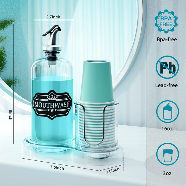 Alt view image 2 of 6 - Mouthwash Dispenser for Bathroom with Cup Holder Detachable Glass Mouthwash Container 16 Oz,Refillable Mouth Washer Dispenser for Countertop