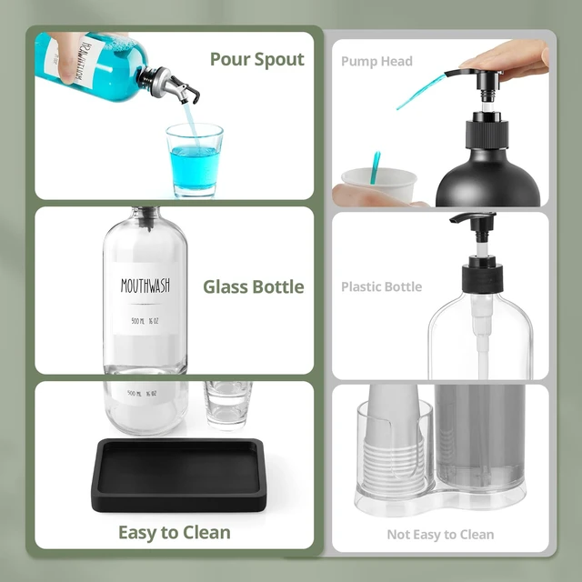 Alt view image 3 of 6 - Glass Mouthwash Dispenser for Bathroom, 16 OZ Mouth Wash Bottle Container with Pour Spout & Reusable Mouthwash Cups & Wood Tray & Labels, Black Kitchen Bathroom Decor and Accessories