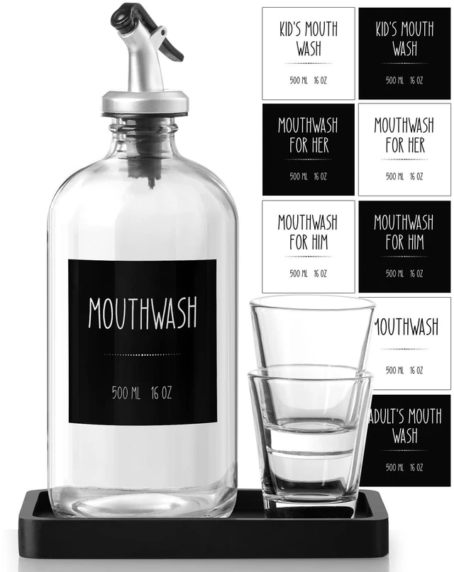 Main image of Glass Mouthwash Dispenser for Bathroom, 16 OZ Mouth Wash Bottle Container with Pour Spout & Reusable Mouthwash Cups & Wood Tray & Labels, Black Kitchen Bathroom Decor and Accessories