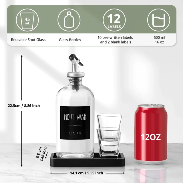 Alt view image 2 of 6 - Glass Mouthwash Dispenser for Bathroom, 16 OZ Mouth Wash Bottle Container with Pour Spout & Reusable Mouthwash Cups & Wood Tray & Labels, Black Kitchen Bathroom Decor and Accessories