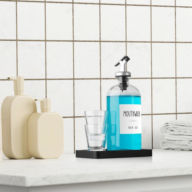 Alt view image 6 of 6 - Glass Mouthwash Dispenser for Bathroom, 16 OZ Mouth Wash Bottle Container with Pour Spout & Reusable Mouthwash Cups & Wood Tray & Labels, Black Kitchen Bathroom Decor and Accessories