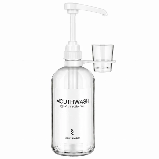Main image of Onsogi Glass Mouthwash Dispenser with White Cup Holder and Pump, 16 Oz Rustic Boho Mouthwash Dispenser for Bathroom Farmhouse Decor - 1 Pack Clear