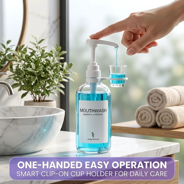 Alt view image 2 of 7 - Onsogi Glass Mouthwash Dispenser with White Cup Holder and Pump, 16 Oz Rustic Boho Mouthwash Dispenser for Bathroom Farmhouse Decor - 1 Pack Clear