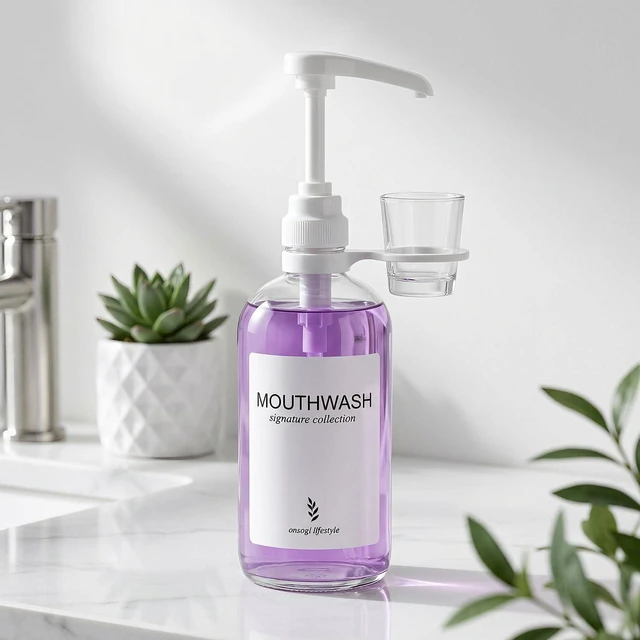 Alt view image 5 of 7 - Onsogi Glass Mouthwash Dispenser with White Cup Holder and Pump, 16 Oz Rustic Boho Mouthwash Dispenser for Bathroom Farmhouse Decor - 1 Pack Clear